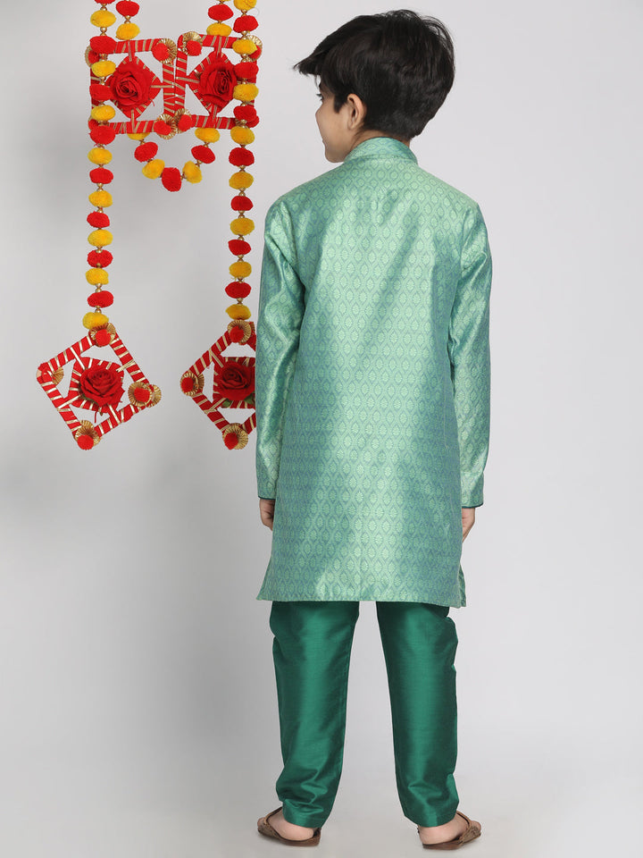 VASTRAMAY Boys' Green Jacquard Kurta Pyjama Set