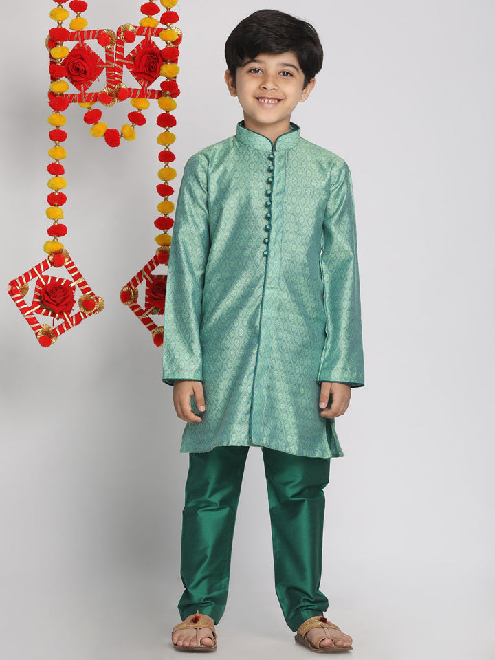 VASTRAMAY Boys' Green Jacquard Kurta Pyjama Set