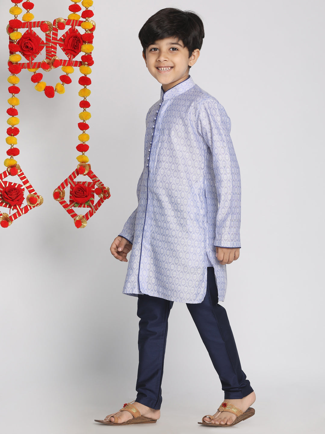 VASTRAMAY Boys' Lavender And Navy Blue Jacquard Kurta Pyjama Set