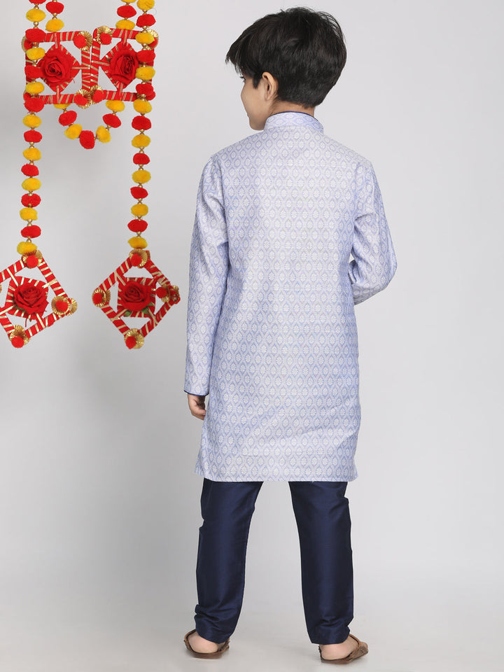 VASTRAMAY Boys' Lavender And Navy Blue Jacquard Kurta Pyjama Set