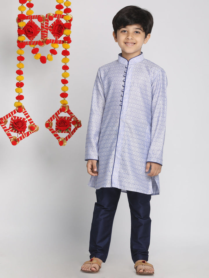 VASTRAMAY Boys' Lavender And Navy Blue Jacquard Kurta Pyjama Set