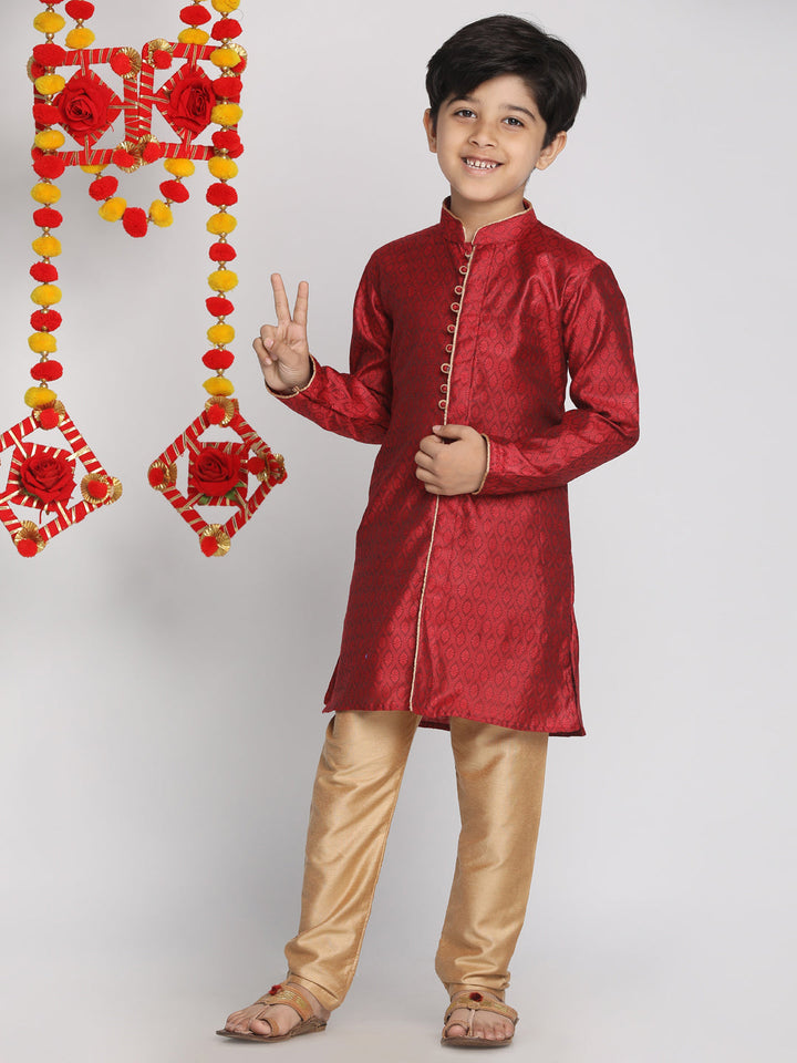 VASTRAMAY Boys' Maroon And Rose Gold Jacquard Kurta Pyjama Set