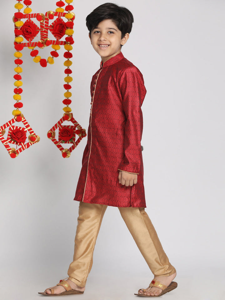 VASTRAMAY Boys' Maroon And Rose Gold Jacquard Kurta Pyjama Set