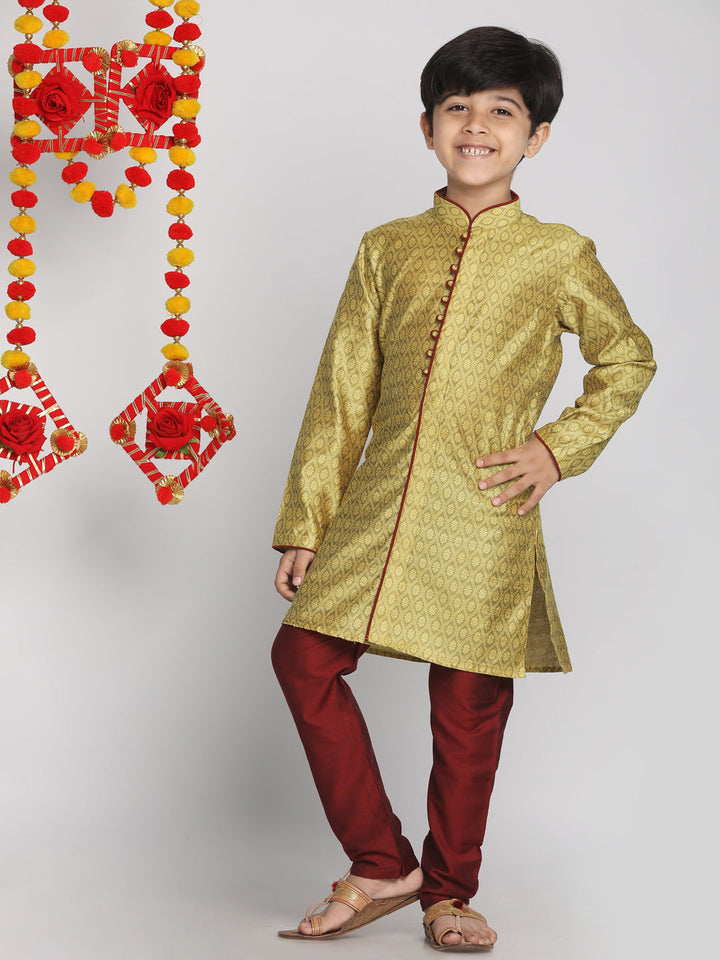 VASTRAMAY Boys' Yellow And Maroon Jacquard Kurta Pyjama Set