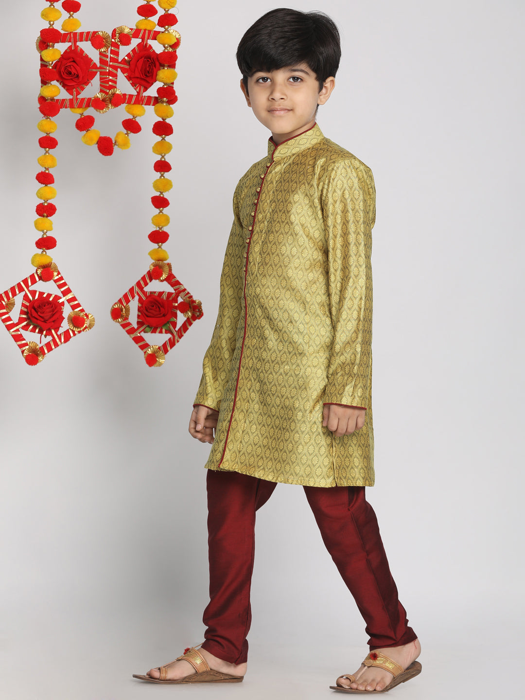 VASTRAMAY Boys' Yellow And Maroon Jacquard Kurta Pyjama Set