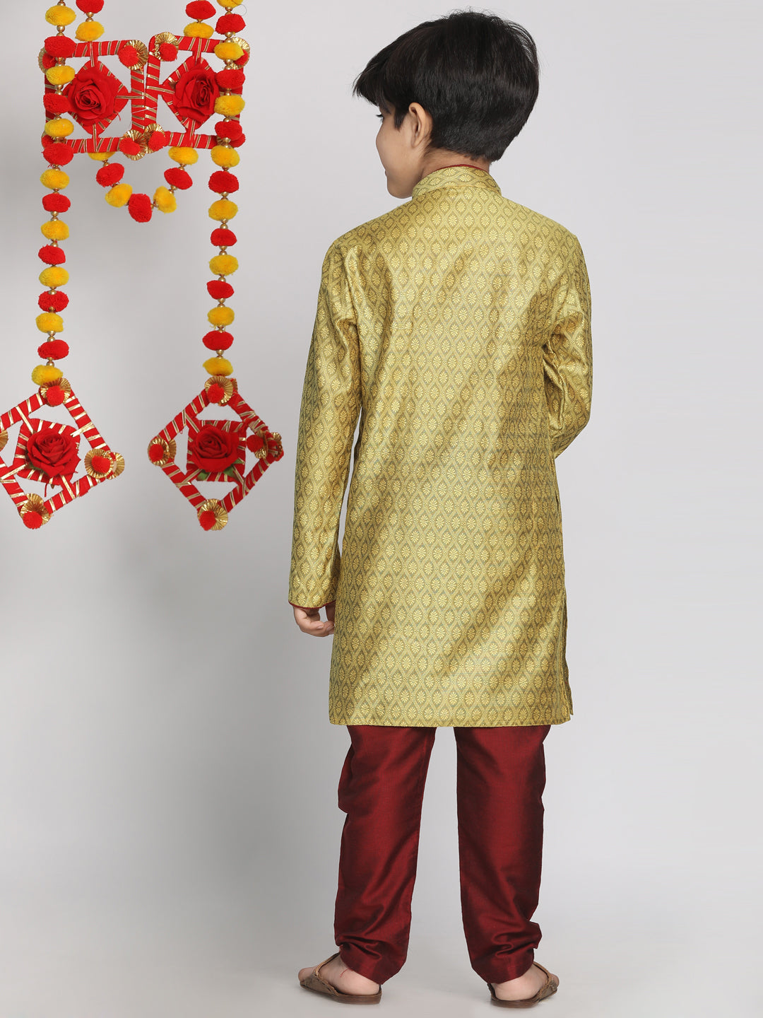 VASTRAMAY Boys' Yellow And Maroon Jacquard Kurta Pyjama Set