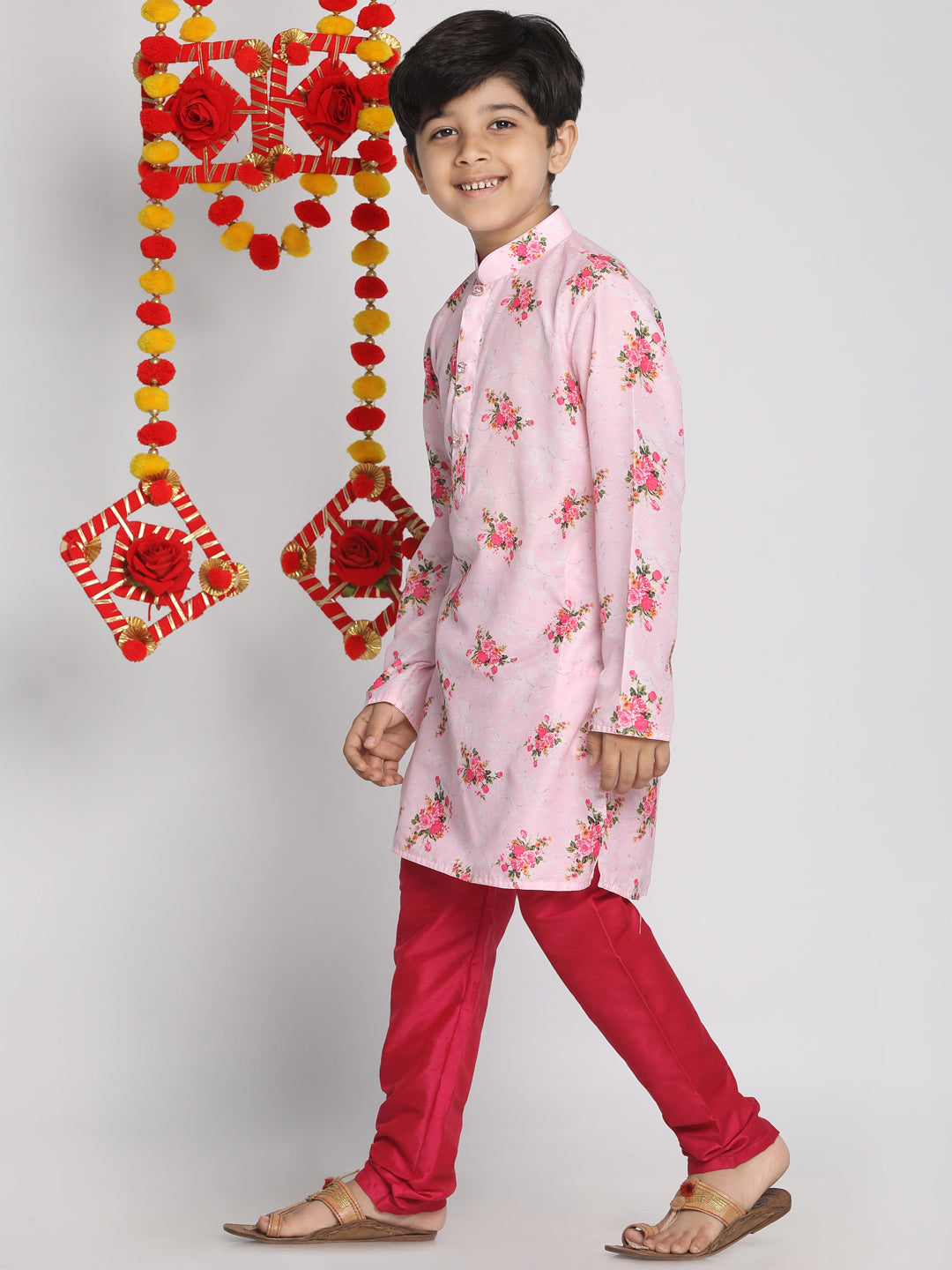 VASTRAMAY Boys' Floral Printed Multicolor-Base-Pink Kurta and Pyjama Set