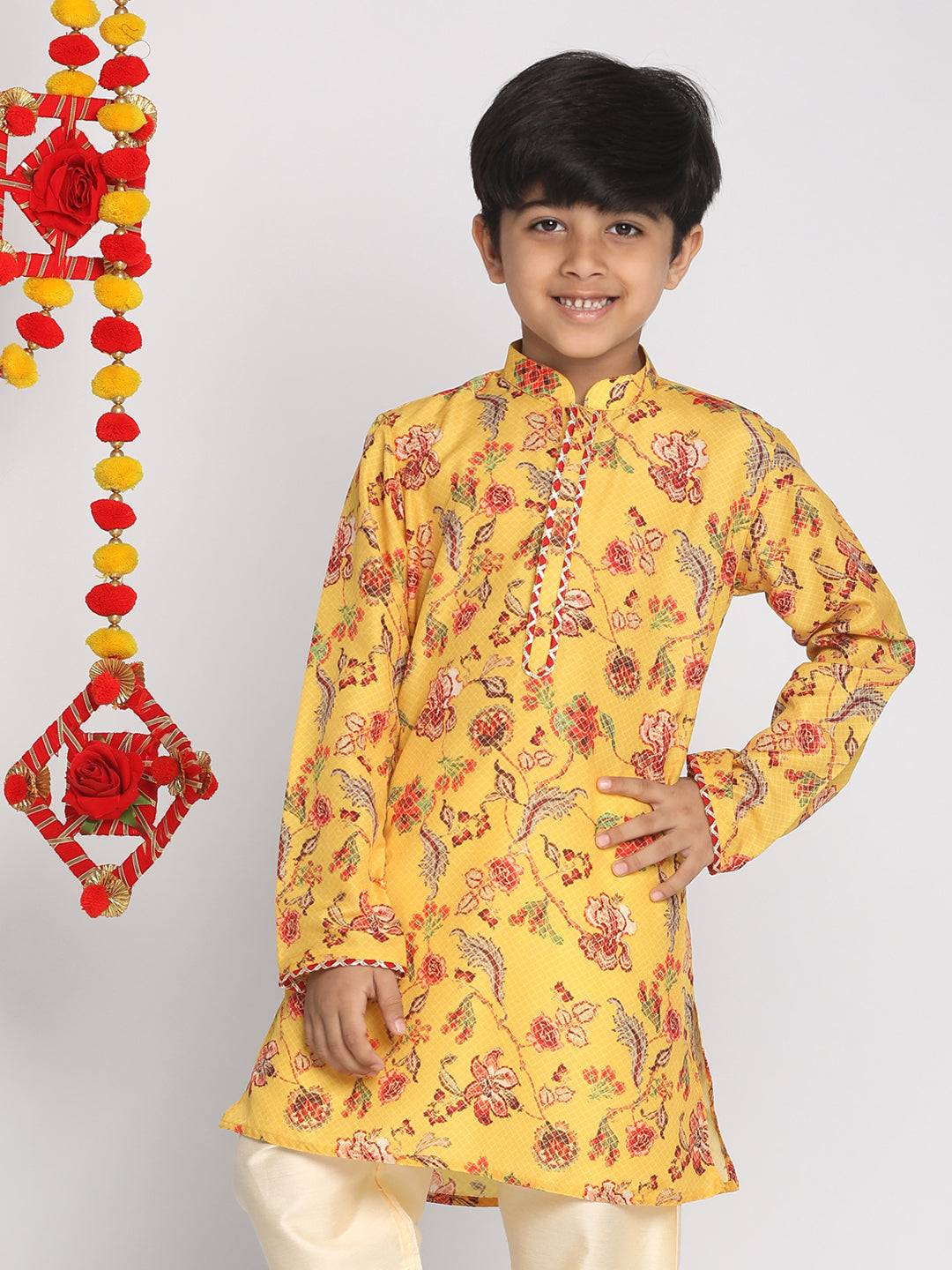 VASTRAMAY Boys' Multicolor-Base-Mustard Kurta - qivii