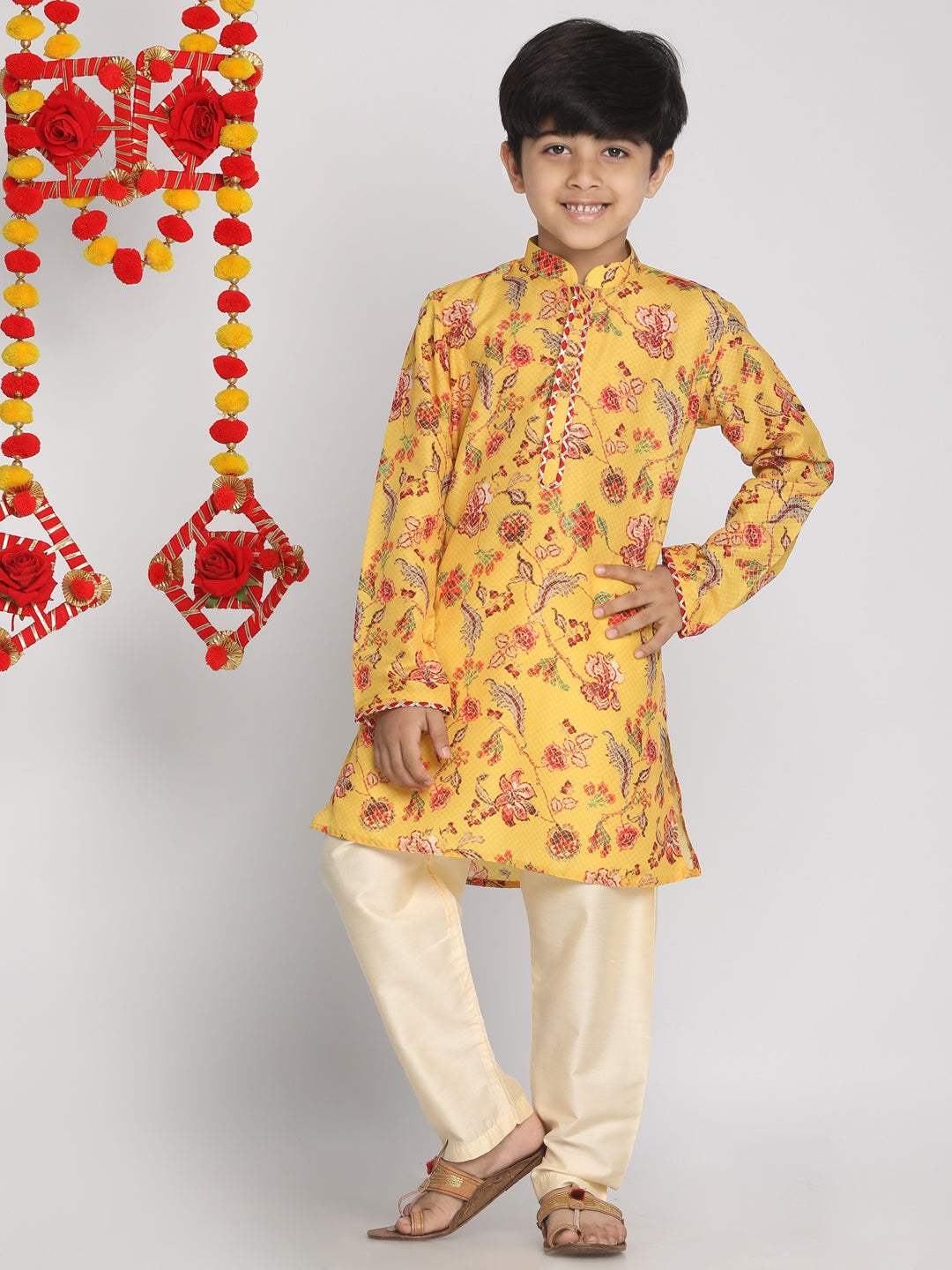 Vastramay Multicolor-Base-Mustard And Cream Baap Beta Kurta And Pyjama Set