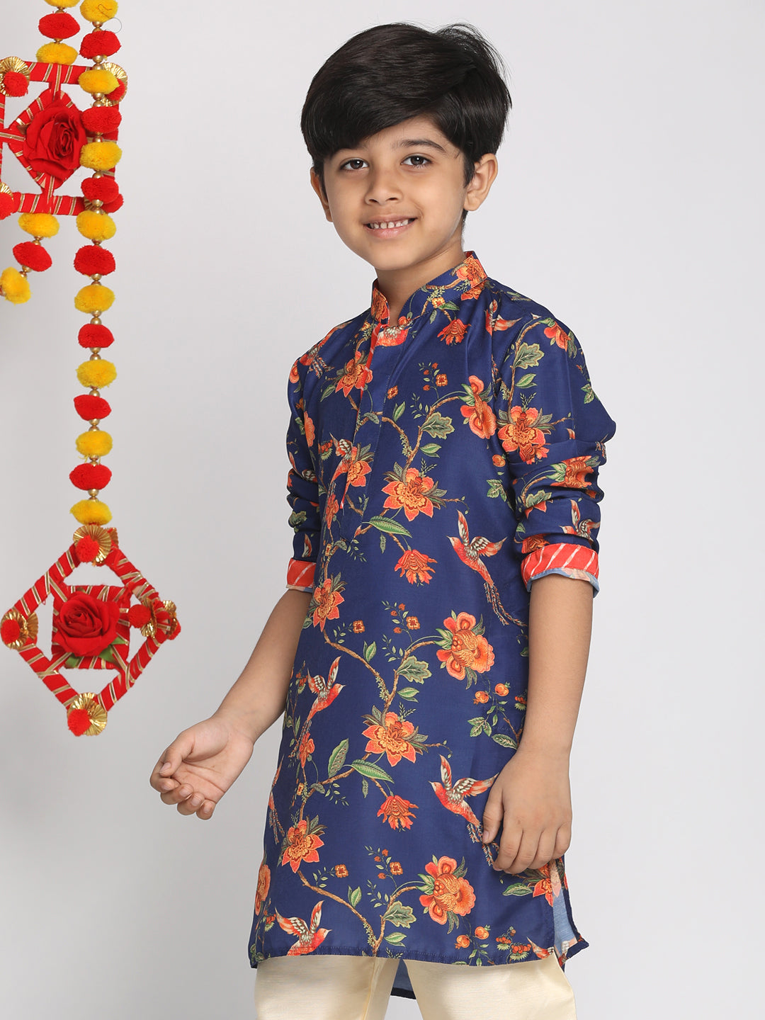 VASTRAMAY Boys' Multicolor-Base-Navy Blue Kurta With Leheriya Border