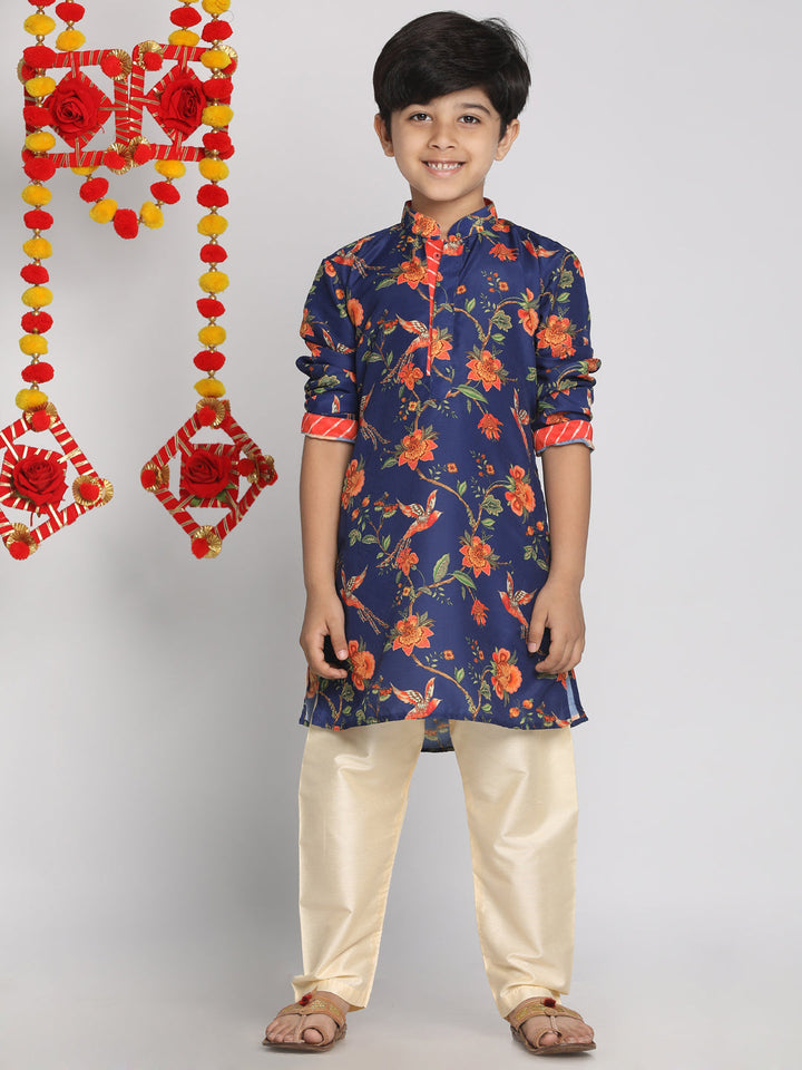 VASTRAMAY Boys' Multicolor-Base-Navy Blue Kurta With Leheriya Border