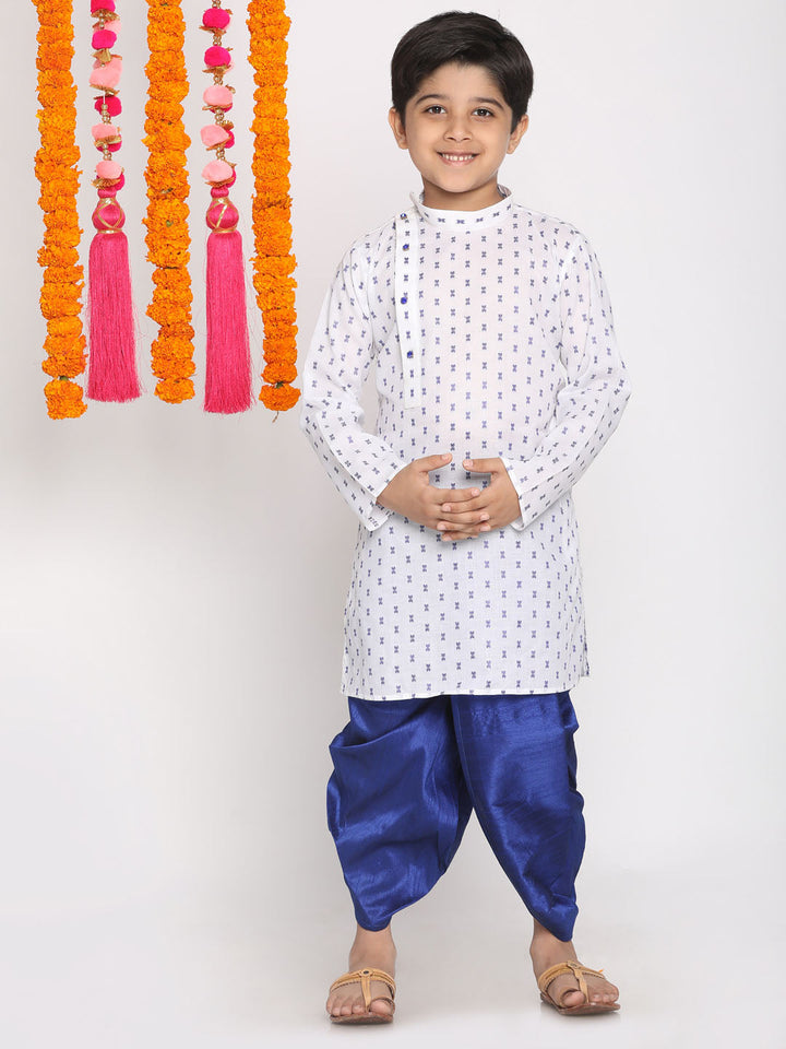 VASTRAMAY Boys' White And Blue Kurta And Dhoti Set