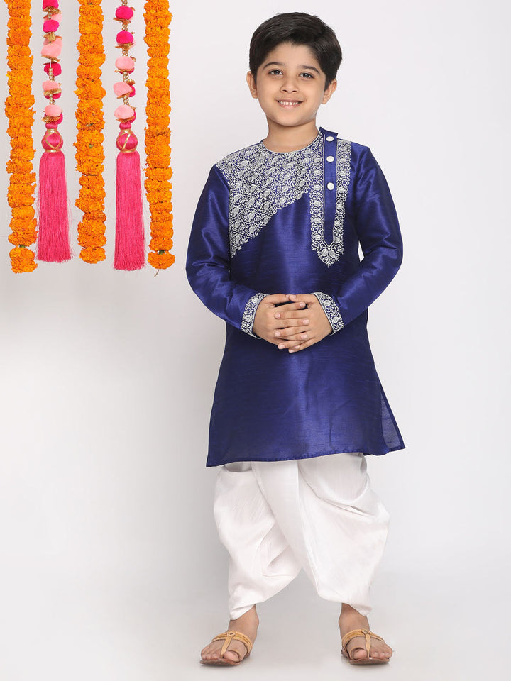 VASTRAMAY Boys' Blue And White Kurta and Dhoti Set