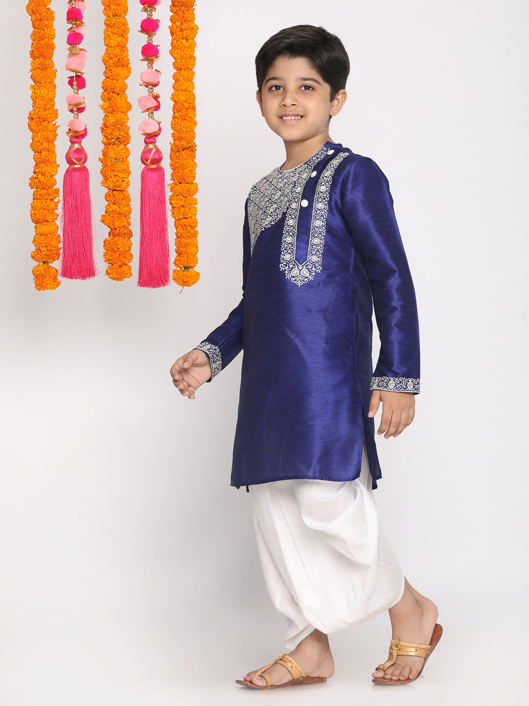 VASTRAMAY Boys' Blue And White Kurta and Dhoti Set