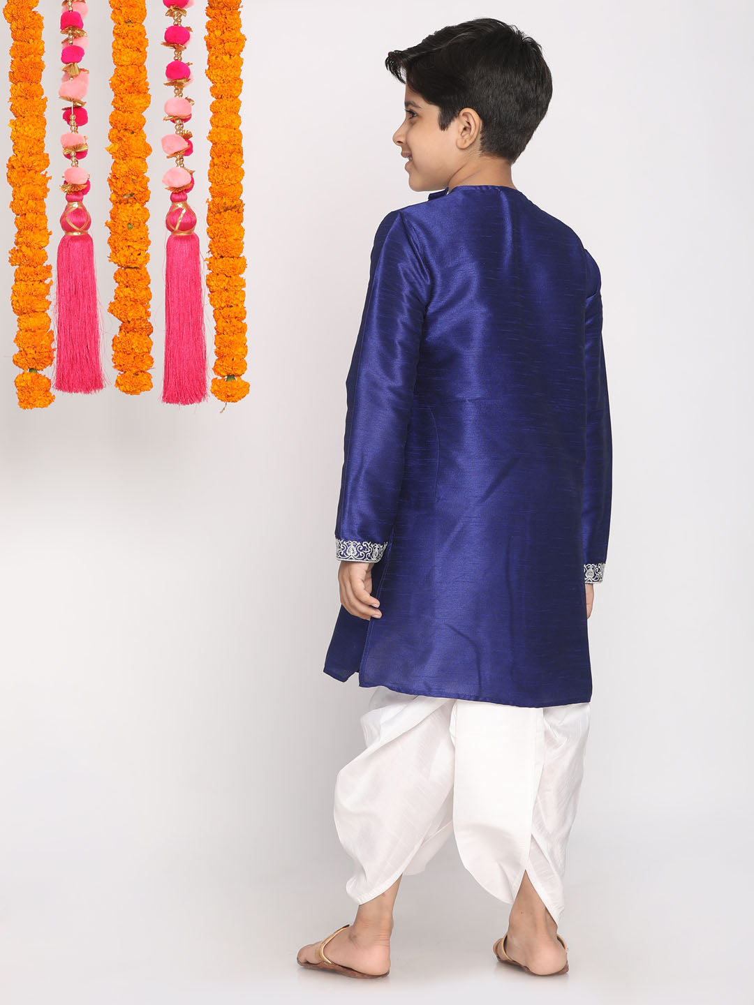 VASTRAMAY Boys' Blue And White Kurta and Dhoti Set