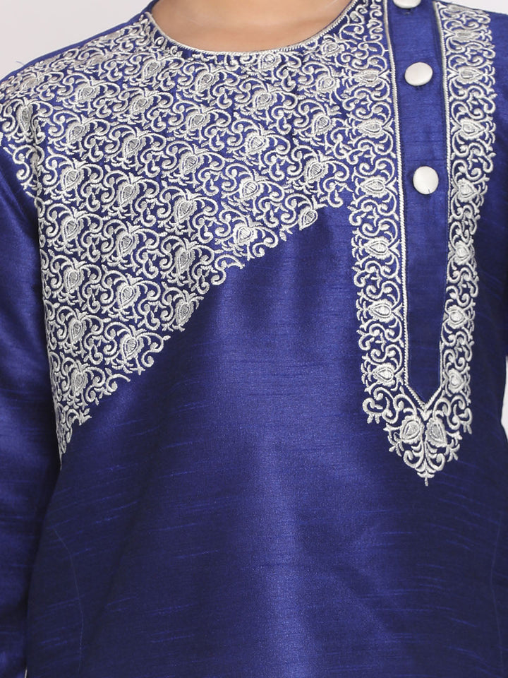 VASTRAMAY Boys' Blue And White Kurta and Dhoti Set