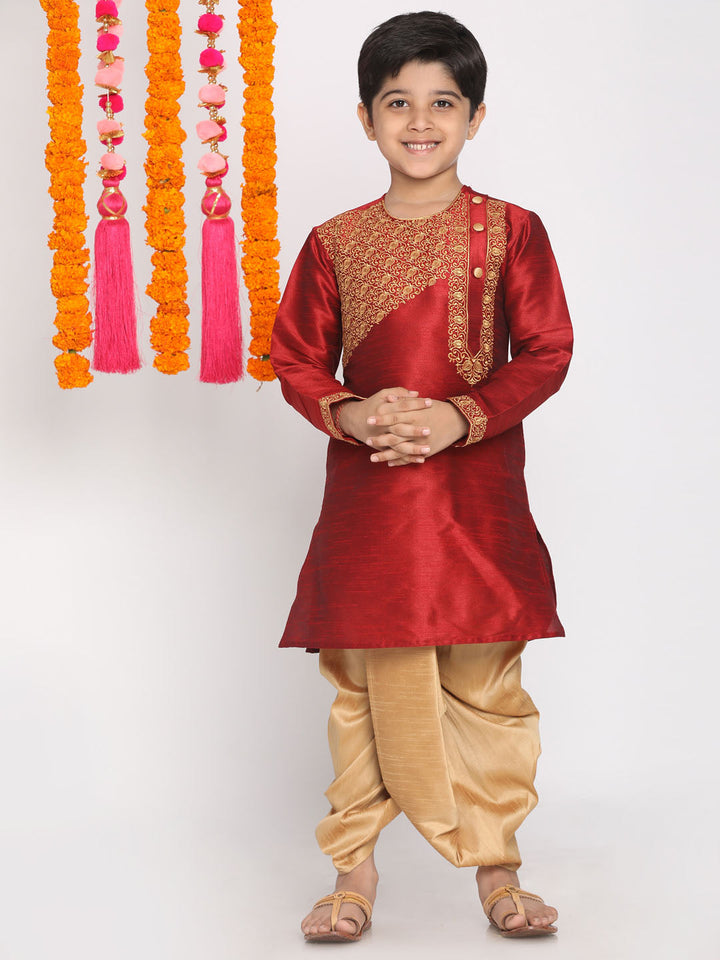 VASTRAMAY Boys' Maroon And Rose Gold Kurta and Dhoti Set