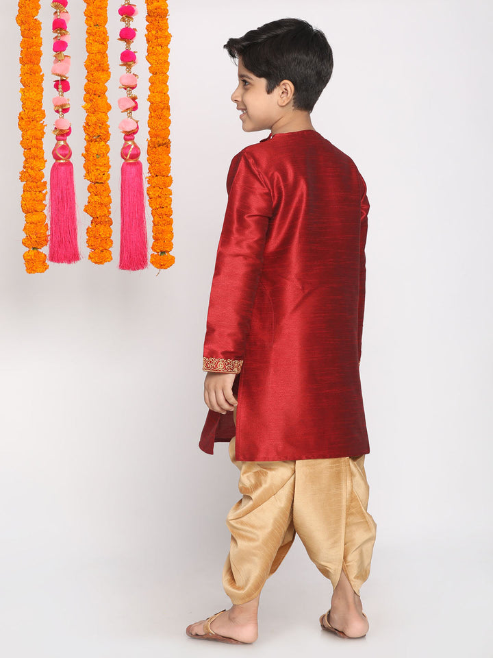 VASTRAMAY Boys' Maroon And Rose Gold Kurta and Dhoti Set