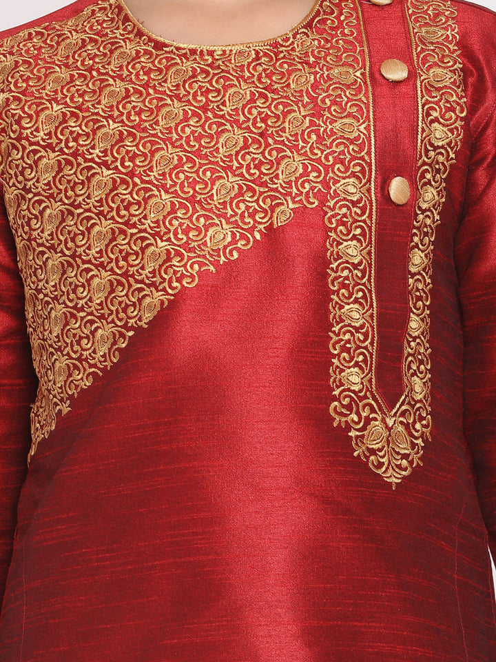 VASTRAMAY Boys' Maroon And Rose Gold Kurta and Dhoti Set