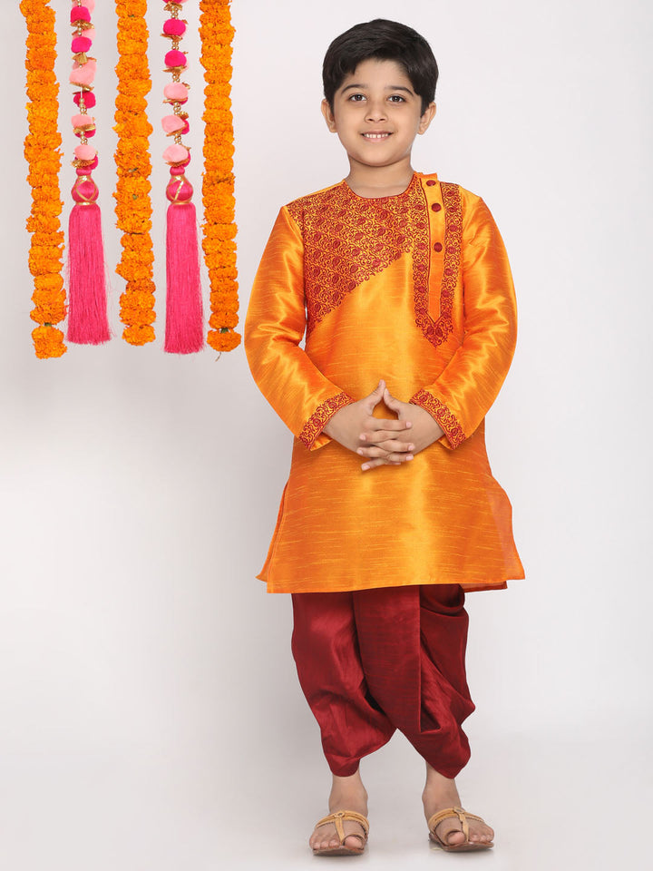 VASTRAMAY Boys' Orange And Maroon Kurta and Dhoti Set