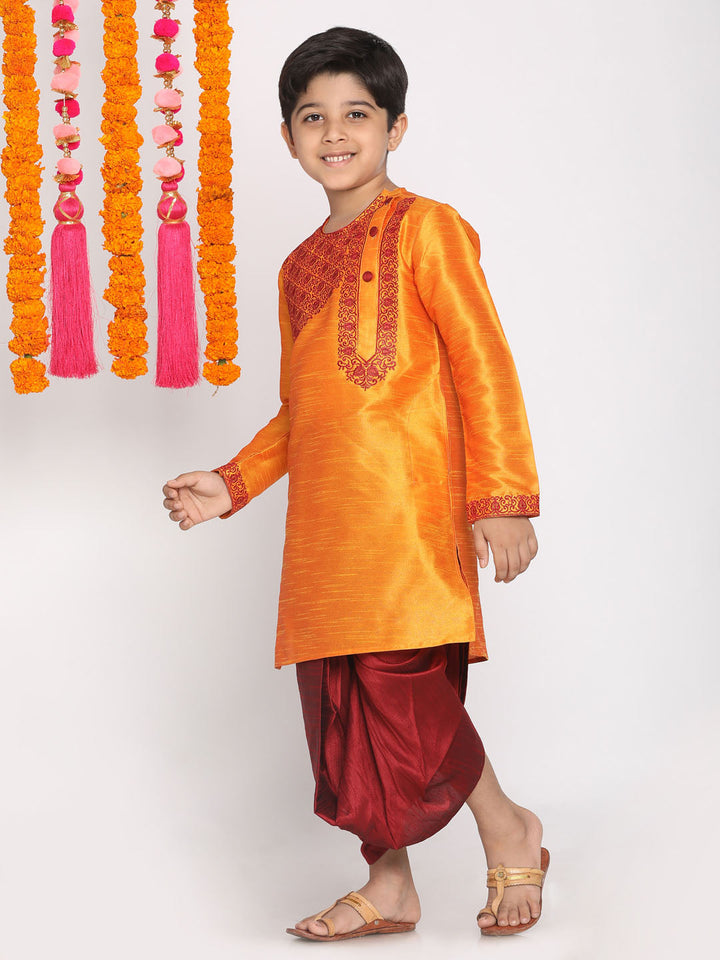 VASTRAMAY Boys' Orange And Maroon Kurta and Dhoti Set