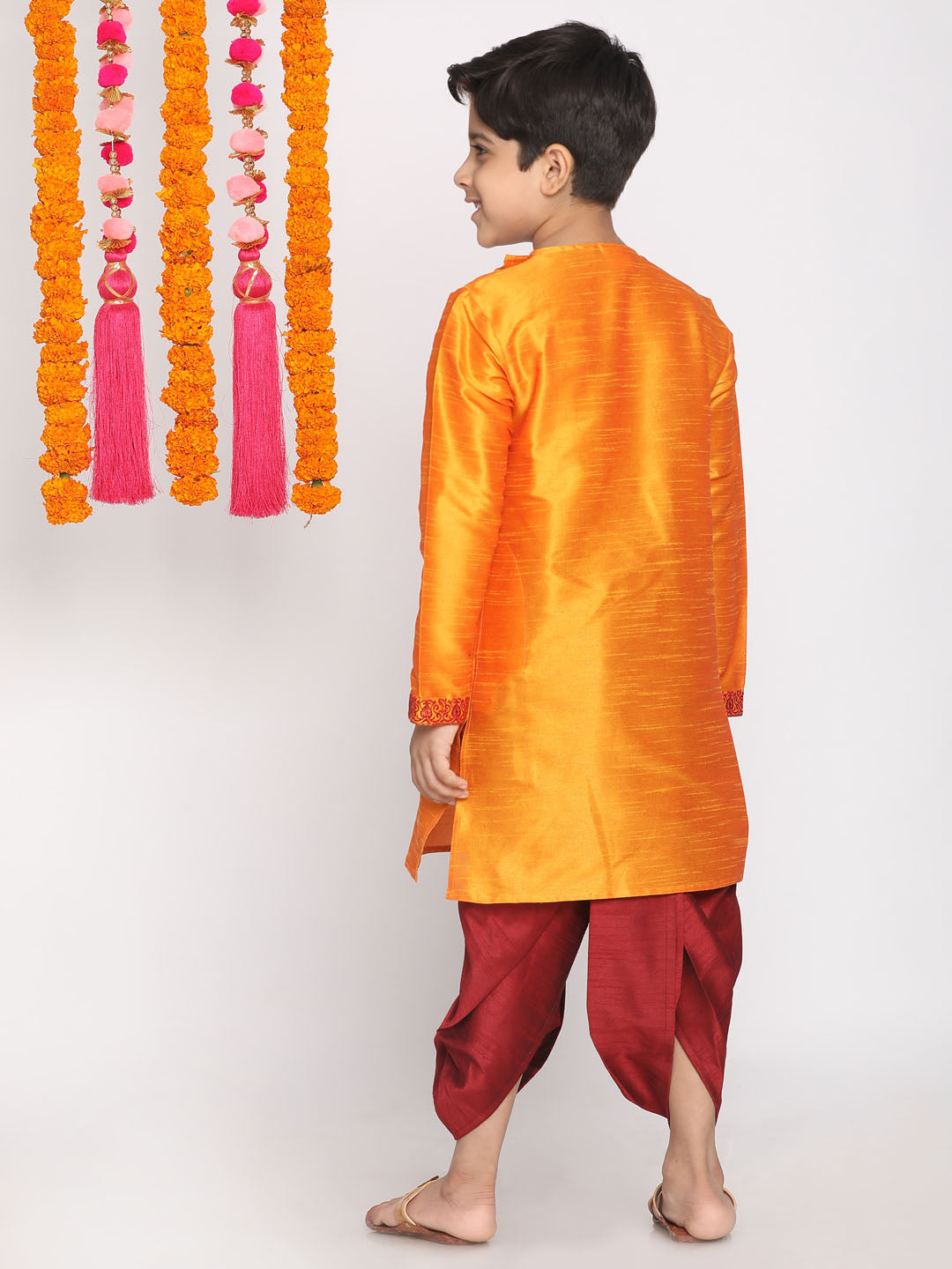 VASTRAMAY Boys' Orange And Maroon Kurta and Dhoti Set