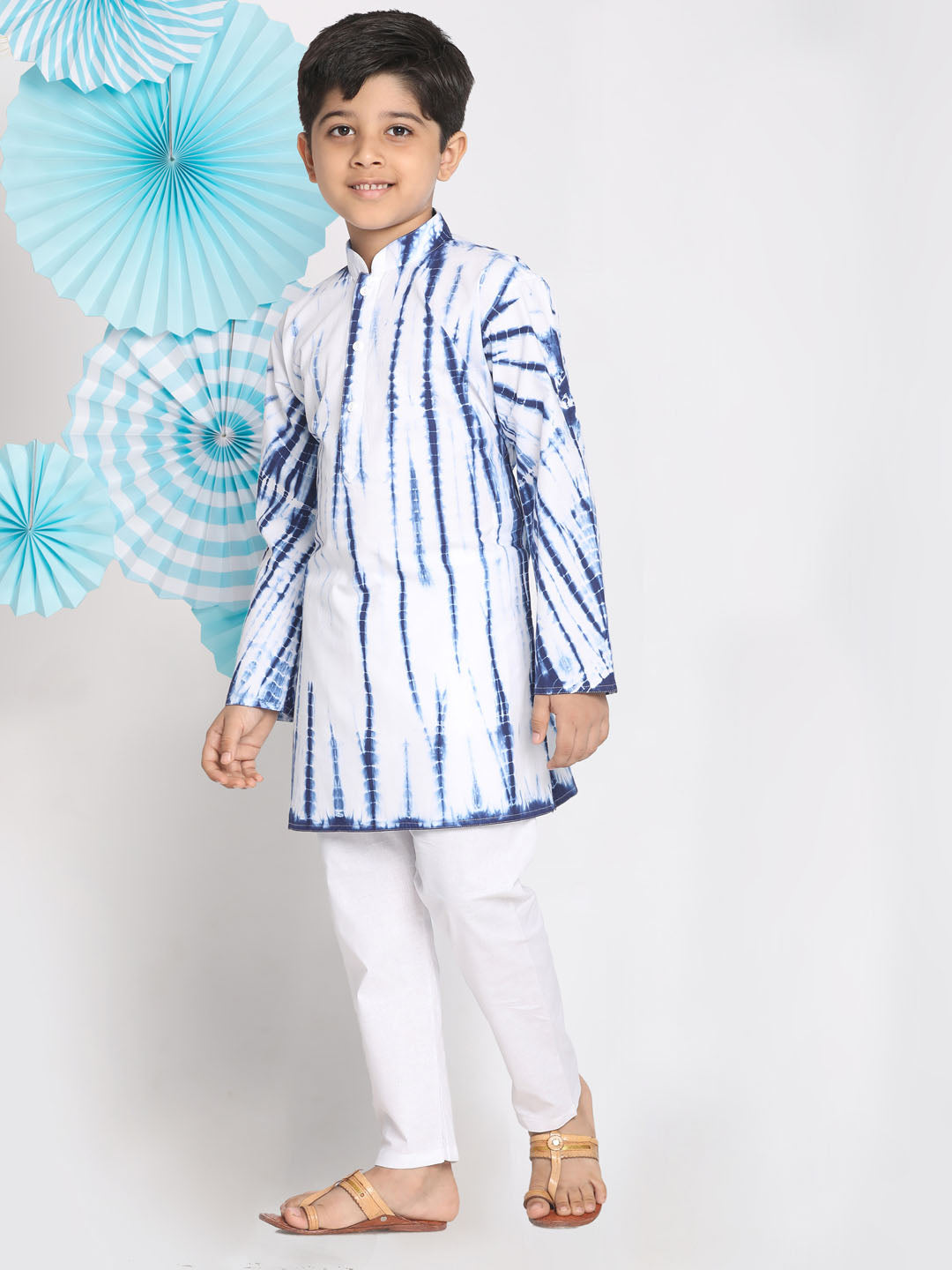 VASTRAMAY Boys' Blue And White Kurta Pyjama Set