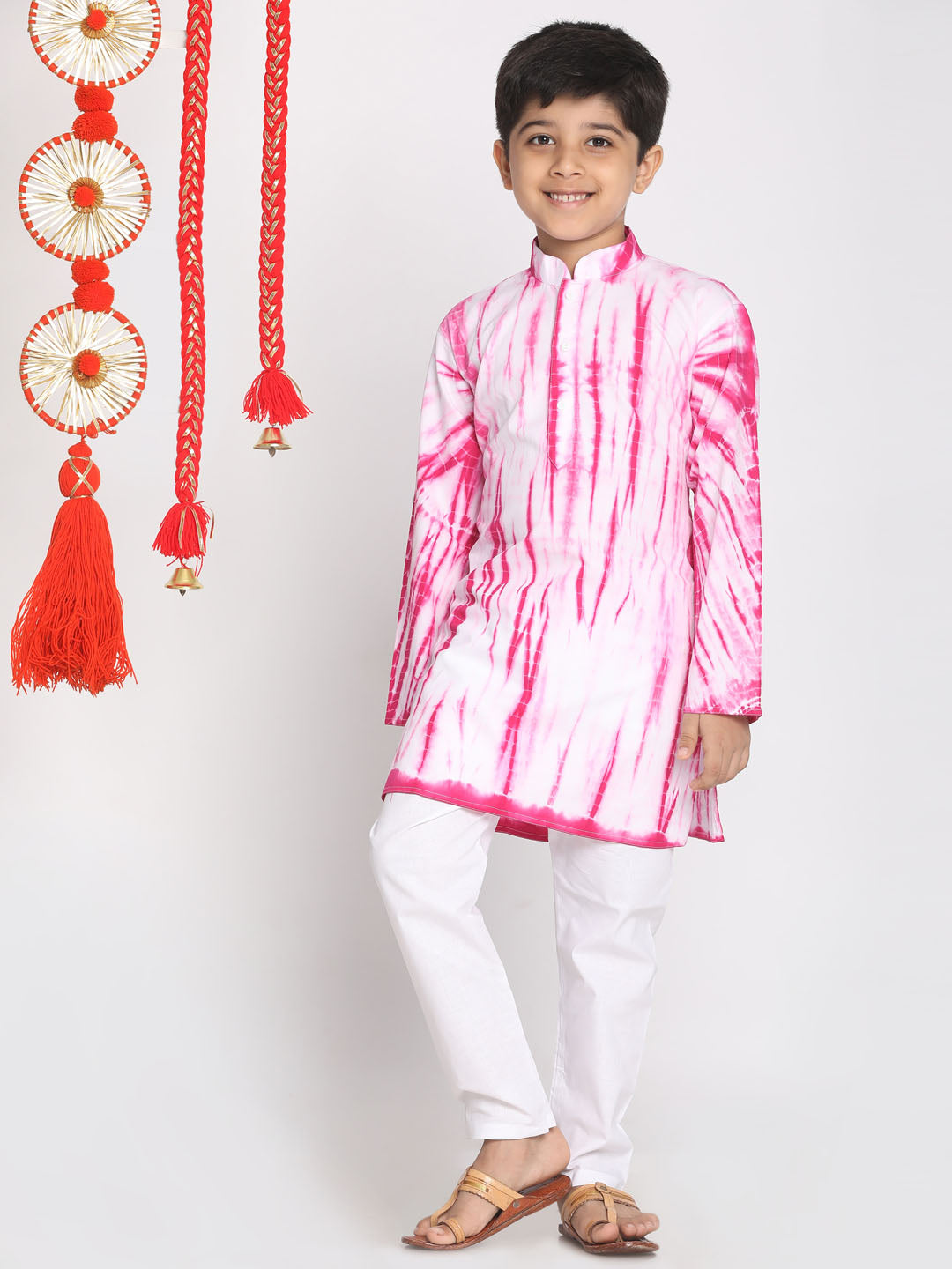 VASTRAMAY Boys' Pink And White Tie- Dye Kurta