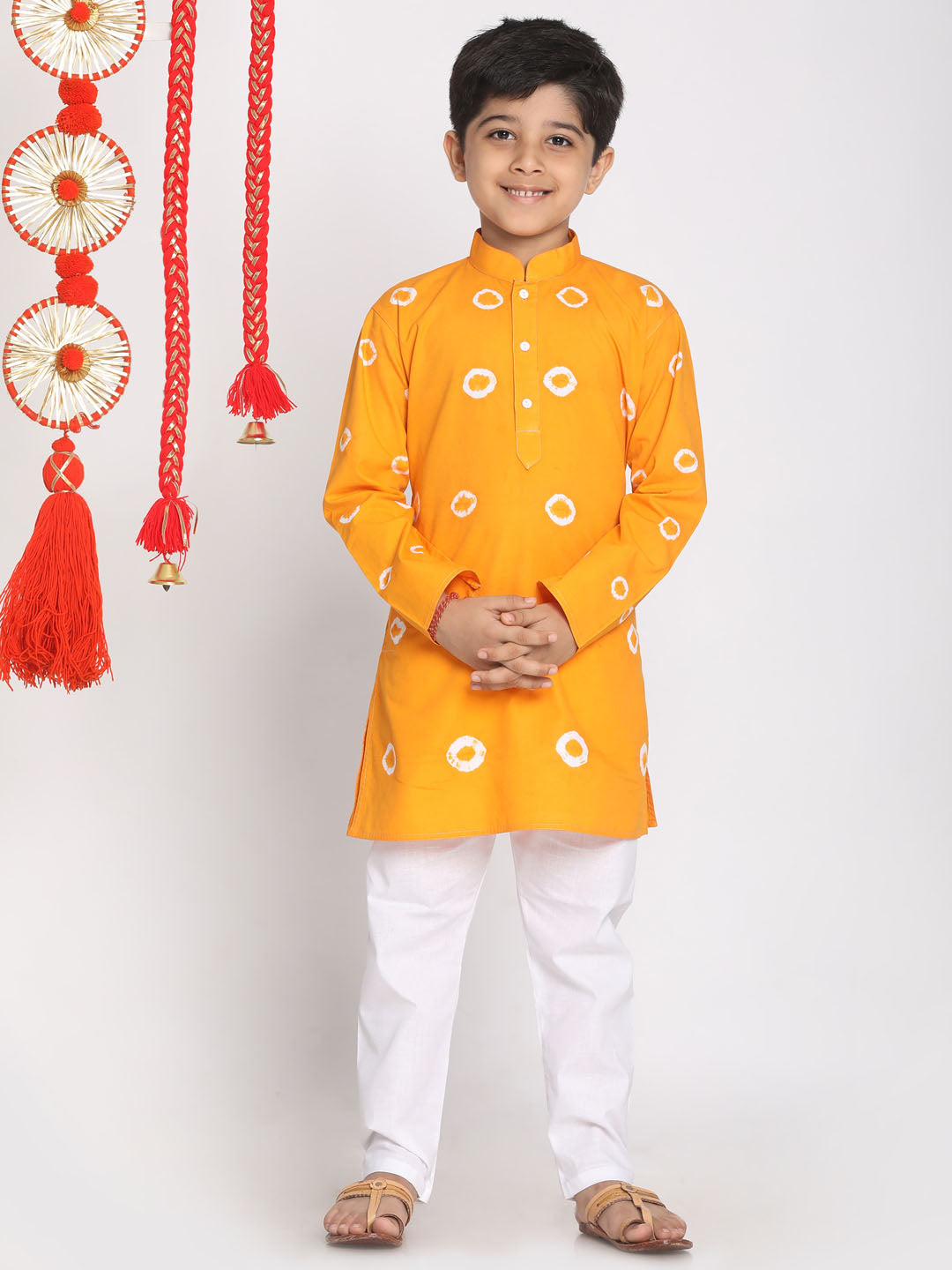 VASTRAMAY Boys' Orange Bandhni Print Kurta