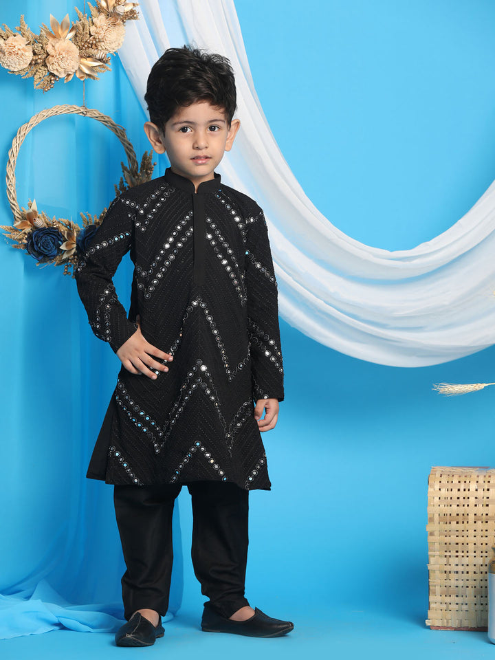 VASTRAMAY Boys' Black Mirror Kurta Pyjama Set