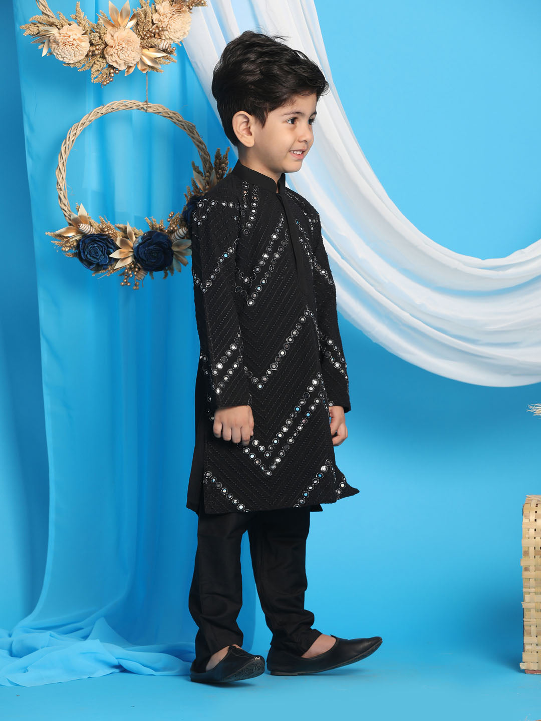 VASTRAMAY Boys' Black Mirror Kurta Pyjama Set