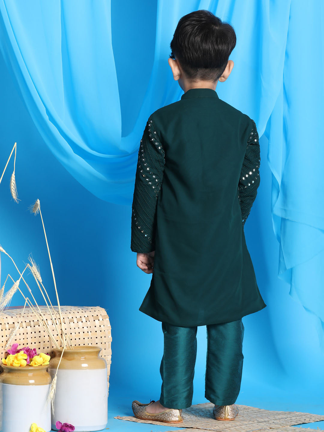 VASTRAMAY Boys' Green Mirror Kurta Pyjama Set