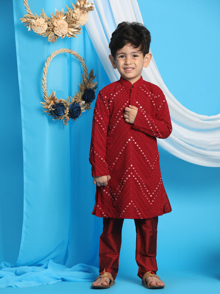 VASTRAMAY Boys' Maroon Mirror Kurta Pyjama Set