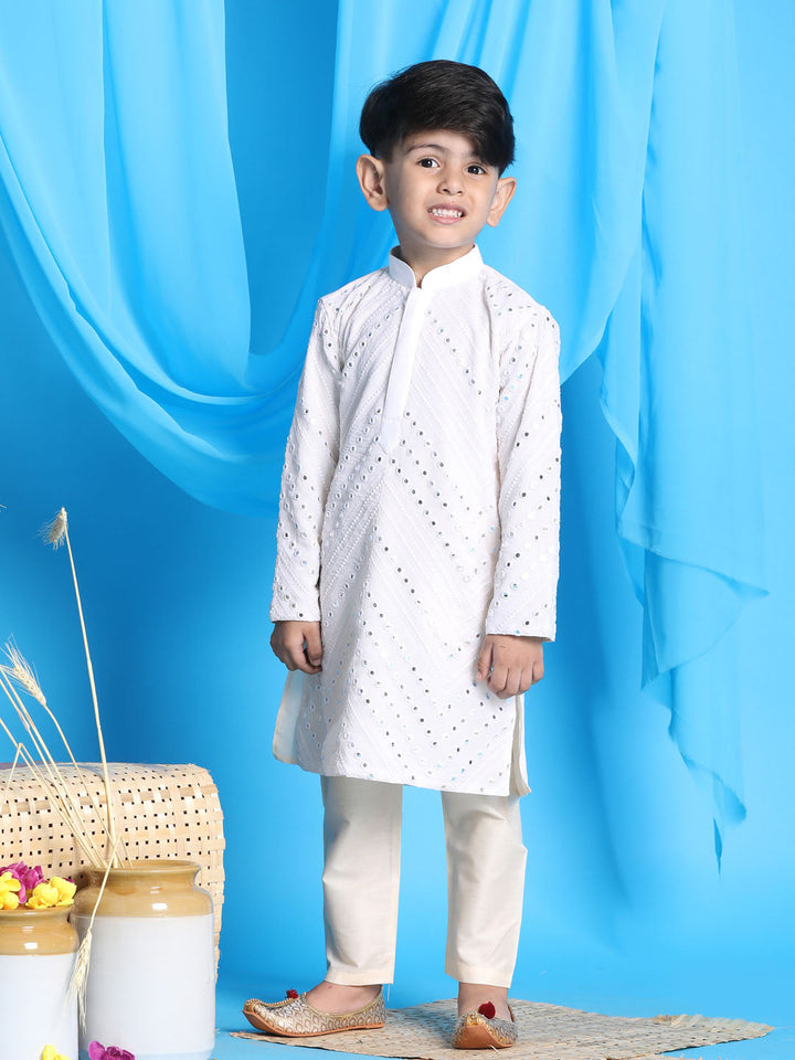 VASTRAMAY Boys' White Mirror Kurta Pyjama Set