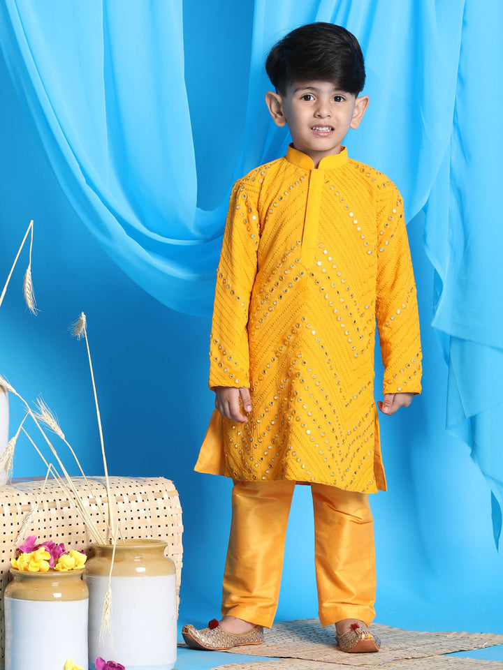 VASTRAMAY Boys' Yellow Mirror Kurta Pyjama Set