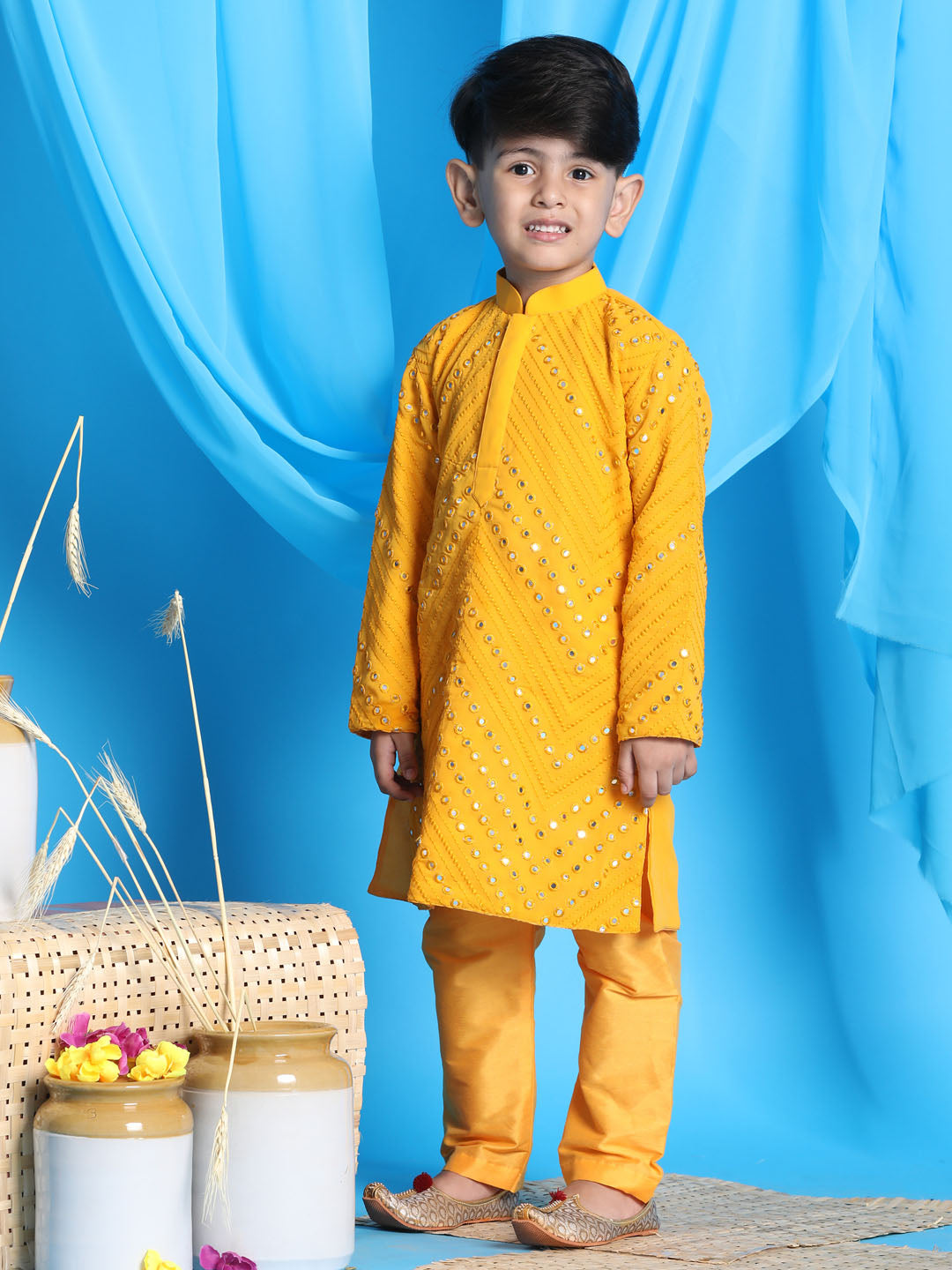 VASTRAMAY Boys' Yellow Mirror Kurta Pyjama Set