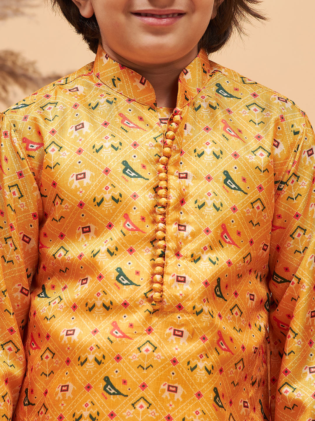 VASTRAMAY yellow Ethnic printed Silk Blend Kurta Pyjama baap Beta Set