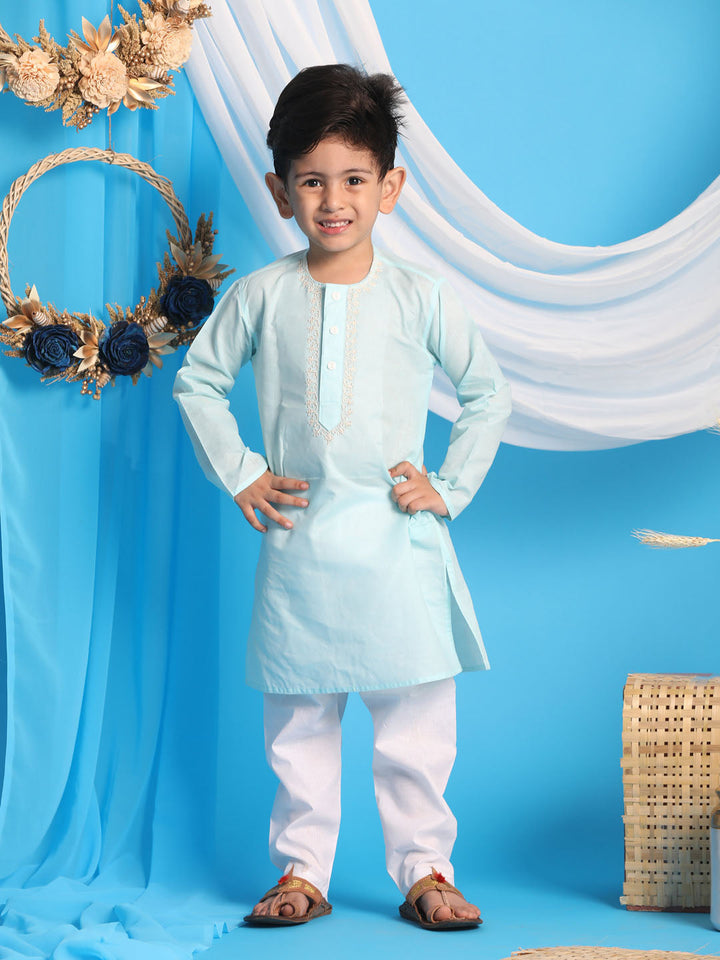 VASTRAMAY Boys' Aqua Blue Kurta And White Pyjama Set