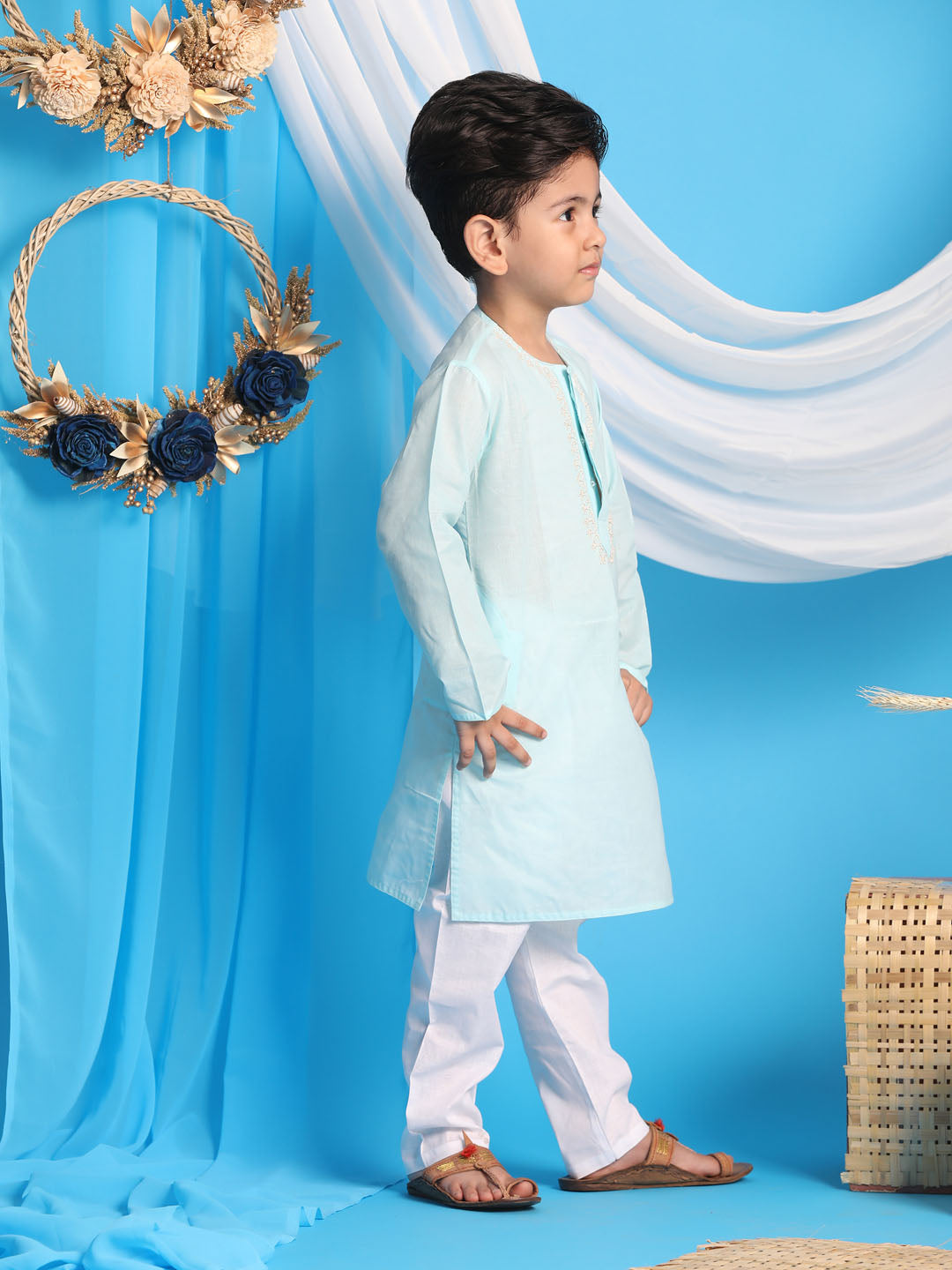 VASTRAMAY Boys' Aqua Blue Kurta And White Pyjama Set