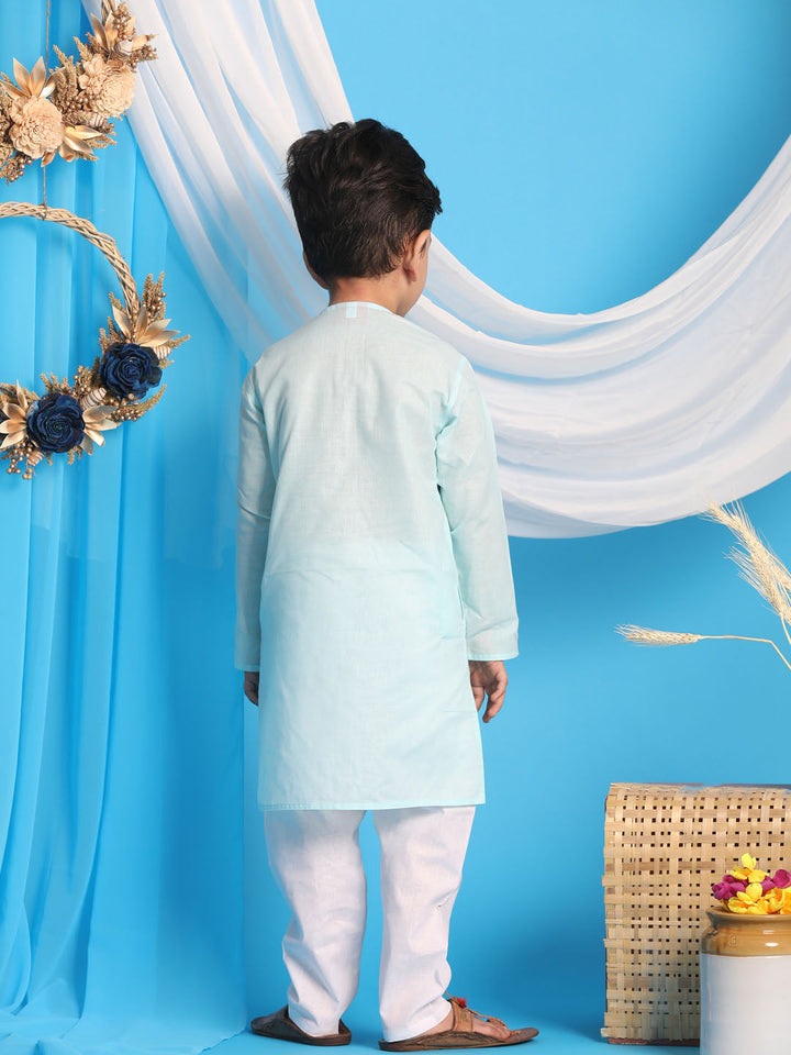 VASTRAMAY Boys' Aqua Blue Kurta And White Pyjama Set