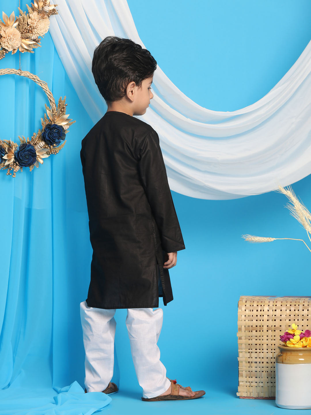 VASTRAMAY Boys' Black Kurta And White Pyjama Set