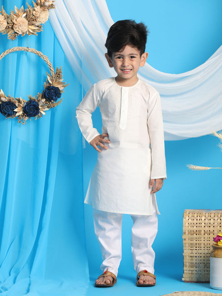 VASTRAMAY Boys' Cream Kurta And White Pyjama Set