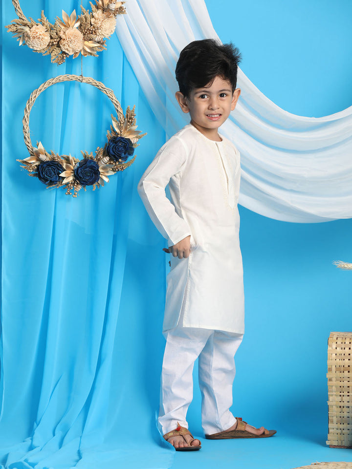 VASTRAMAY Boys' Cream Kurta And White Pyjama Set