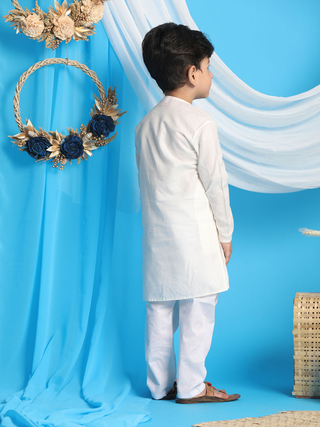 VASTRAMAY Boys' Cream Kurta And White Pyjama Set