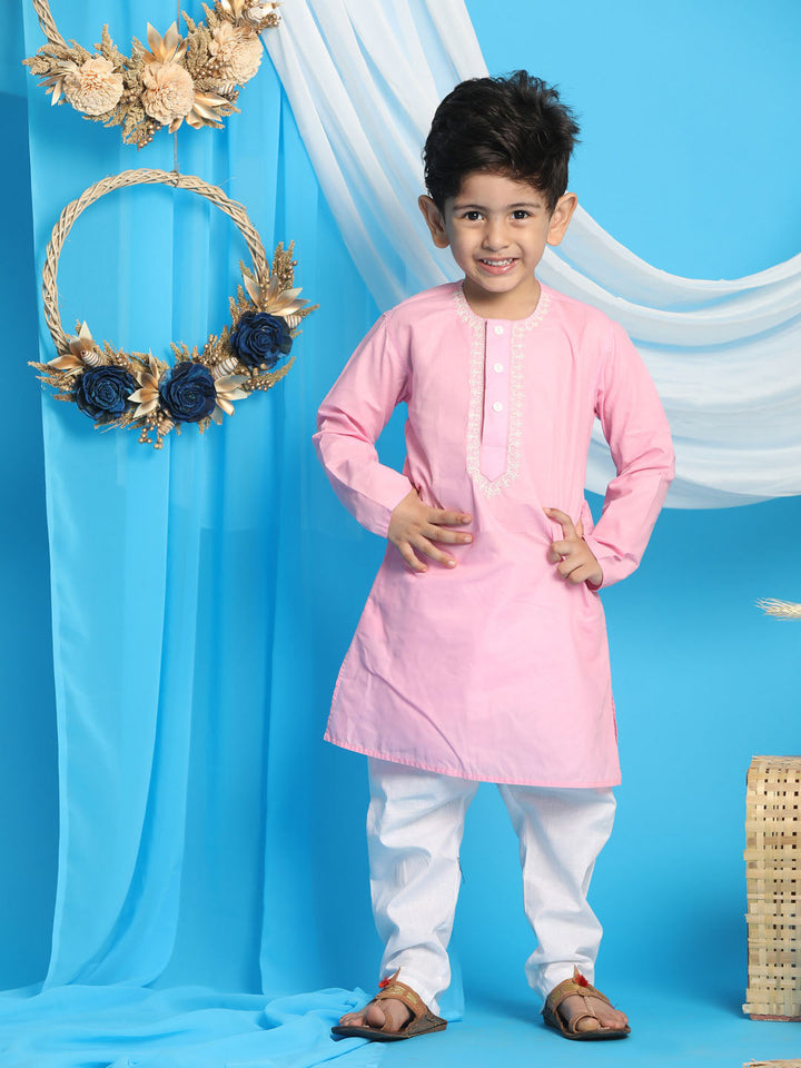 VASTRAMAY Boys' Pink Kurta And White Pyjama Set