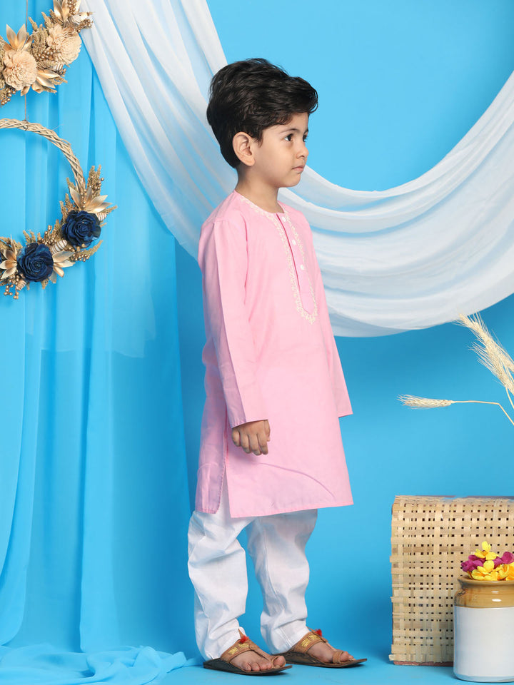 VASTRAMAY Boys' Pink Kurta And White Pyjama Set