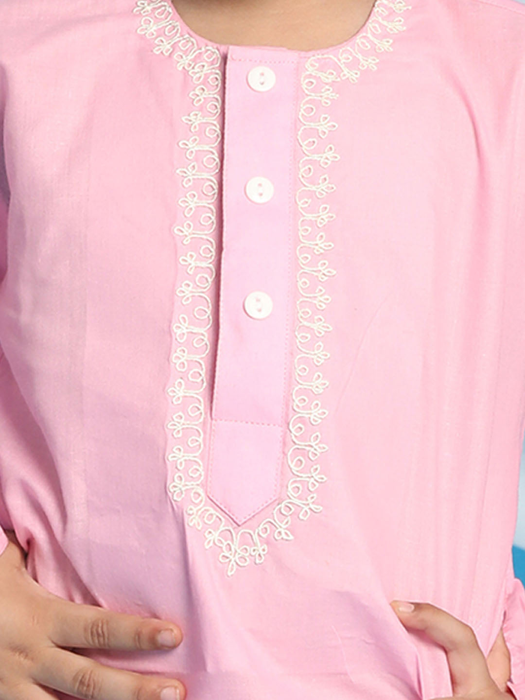 VASTRAMAY Boys' Pink Kurta And White Pyjama Set