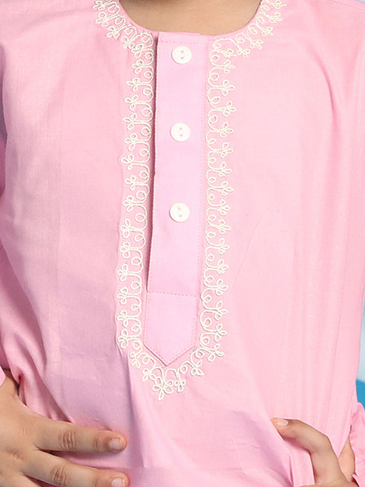 VASTRAMAY Boys' Pink Kurta And White Pyjama Set