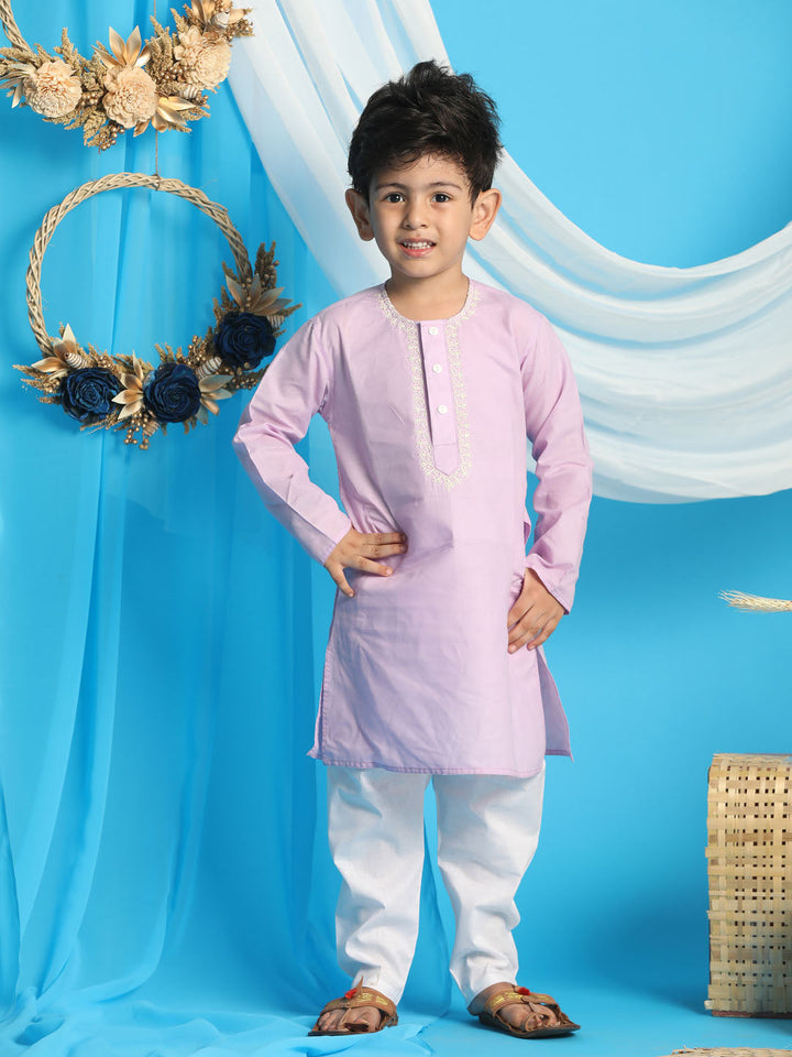 VASTRAMAY Boys' Purple Kurta And White Pyjama Set