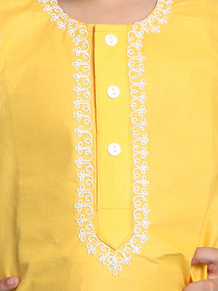 VASTRAMAY Boys' Yellow Kurta And White Pyjama Set